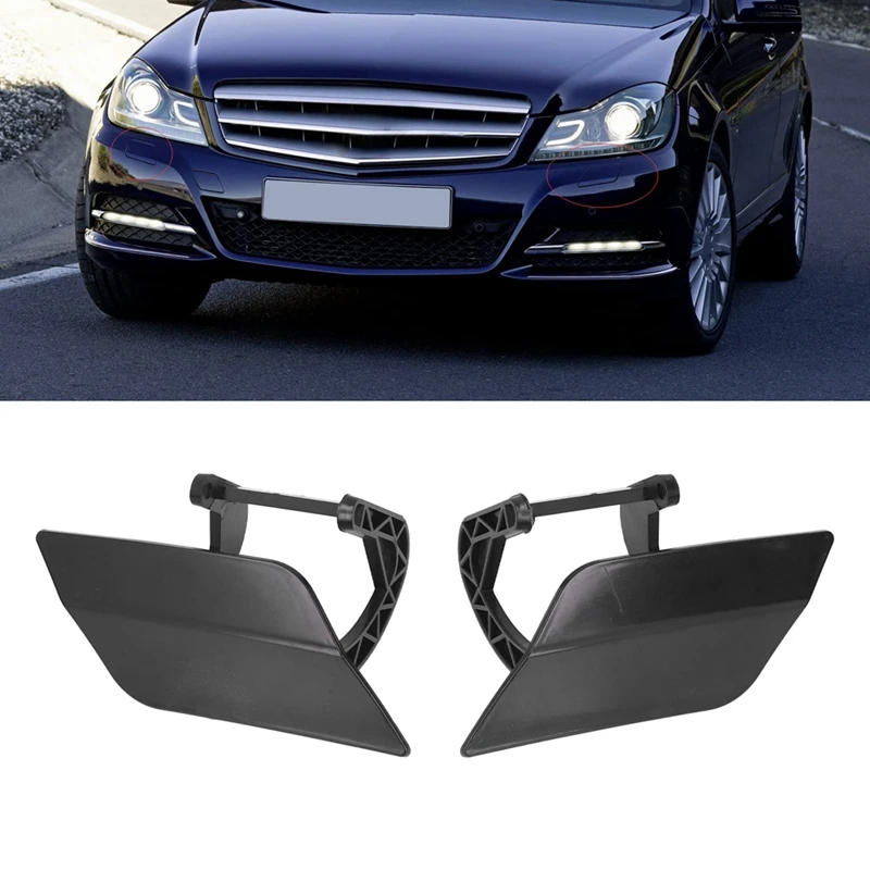 2 PCS Headlight Washer Cover With Bracket Black ABS For Mercedes-Benz C-Class W204 2007-2011 2048802124 2048802224