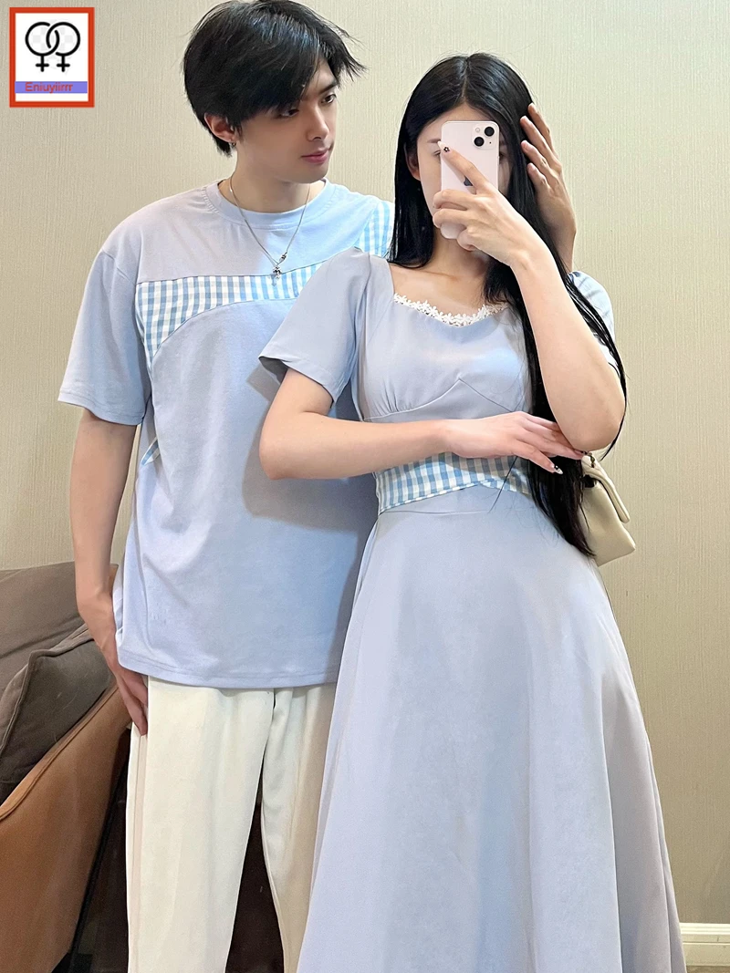 Matching Couple Clothes Outfits Male Female Lovers Holiday Valentine's Date Honeymoon Retro Vintage Cotton Plaid T-Shirt Dress