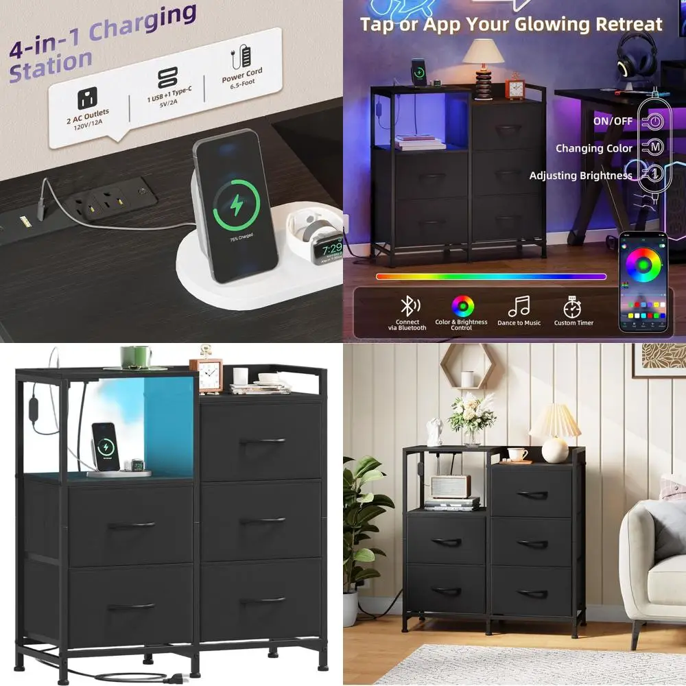 

Черная тумбочка с LED-подсветкой и зарядкой, широкий комод с 5 ящиками и тканевыми корзинами для спальни, детской, общежитий