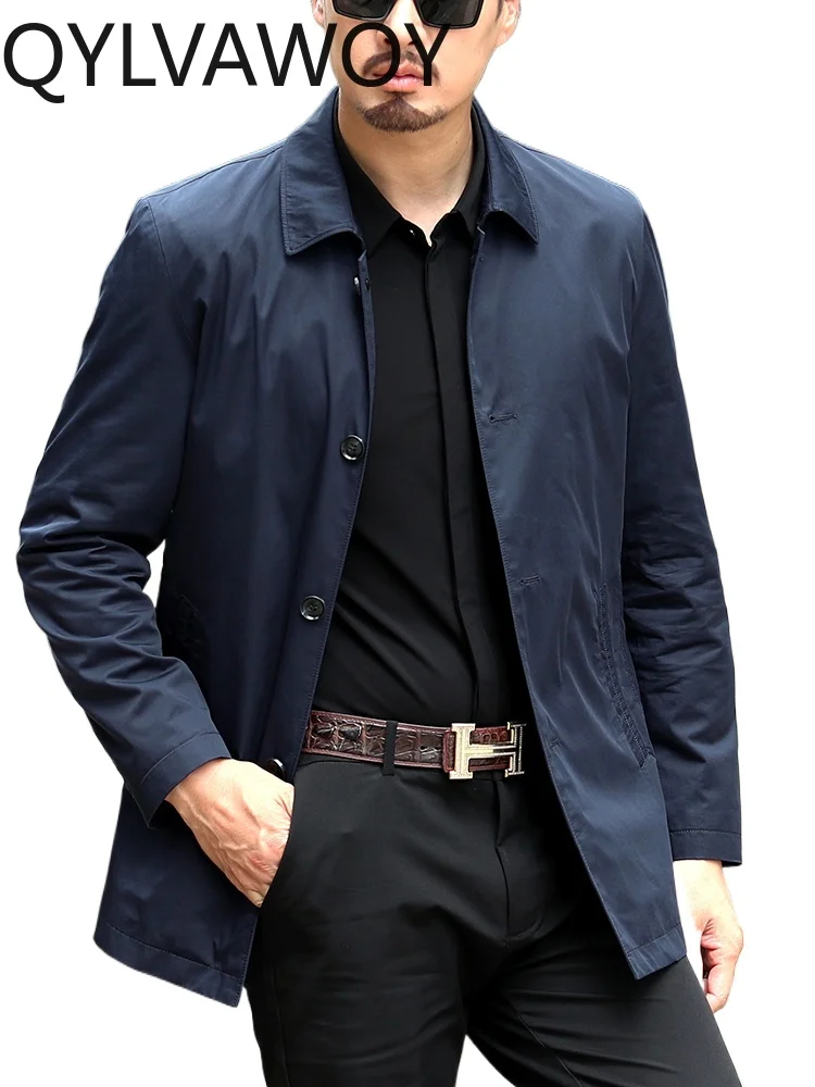 

QYLVAWOY 100% Cotton Spring Autumn Casual Middle-Aged Elderly Men's Lapel Jacket Dad's Lightweight Mid-Length Outerwear LJ2177