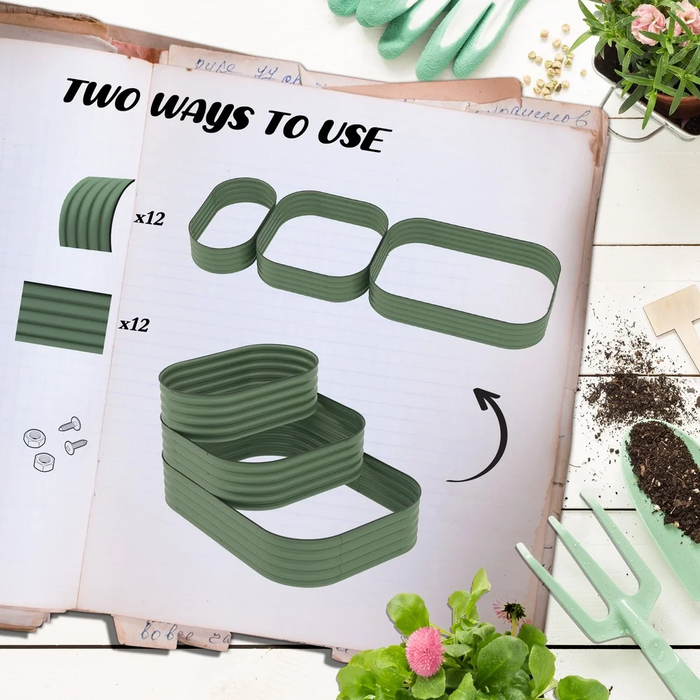 3-Tier Galvanized Steel Raised Garden Bed Planter Set Outdoor Compartment Design Deep Drainage System Herbs Vegetables Flowers