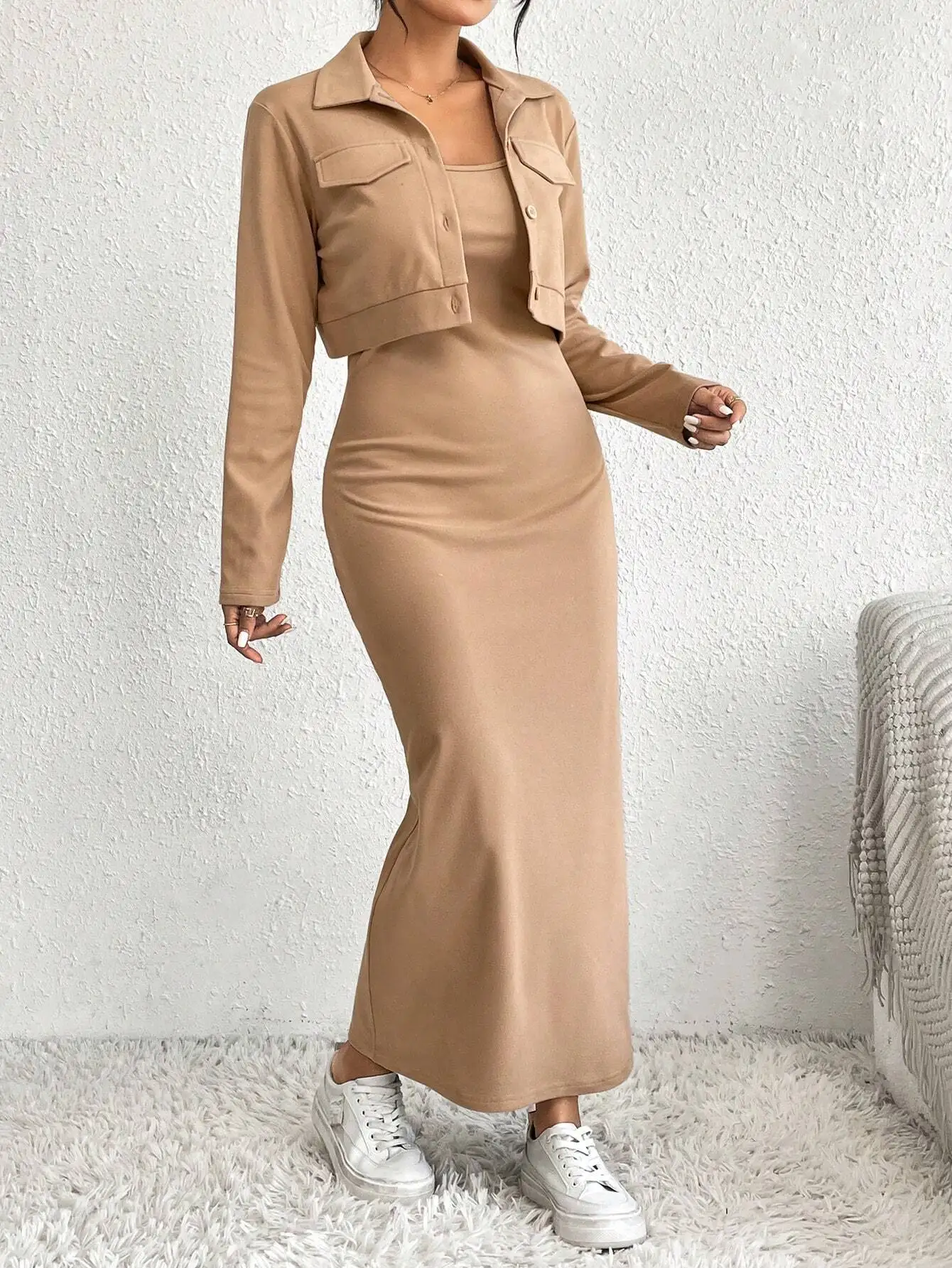 Women's Solid Color Button-Front Cropped Jacket and Slip Dress Set
