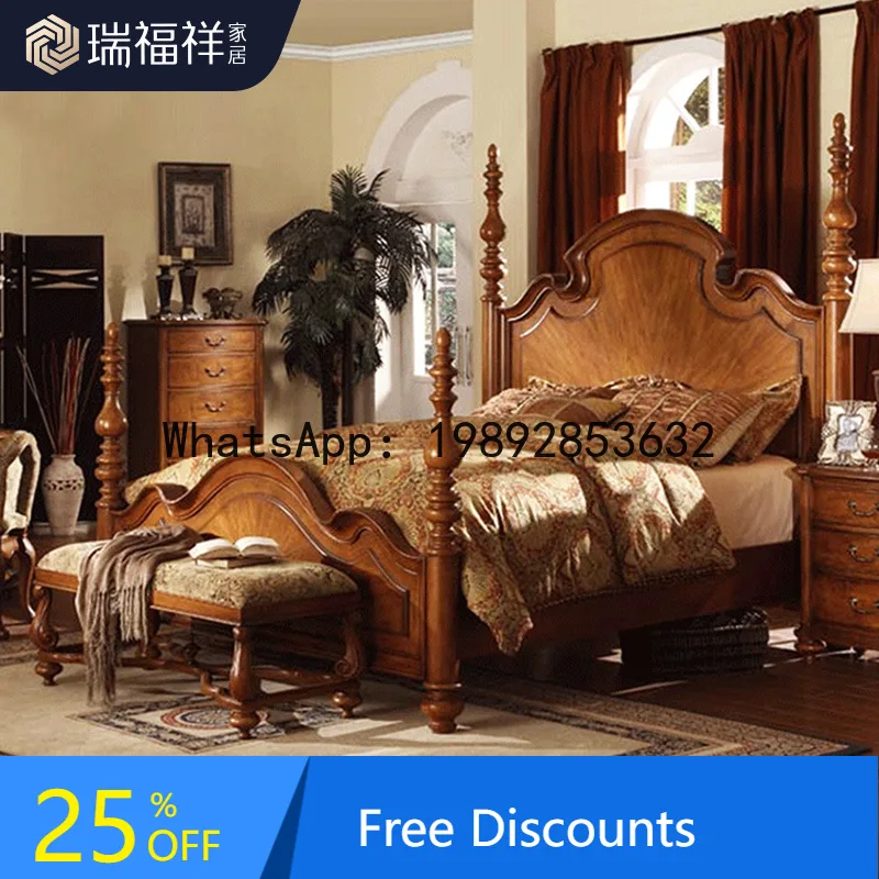 LYY American Style Bed Solid Wood Bed 1.8m Master Bedroom Roman Column Double Retro Single 1.5m
