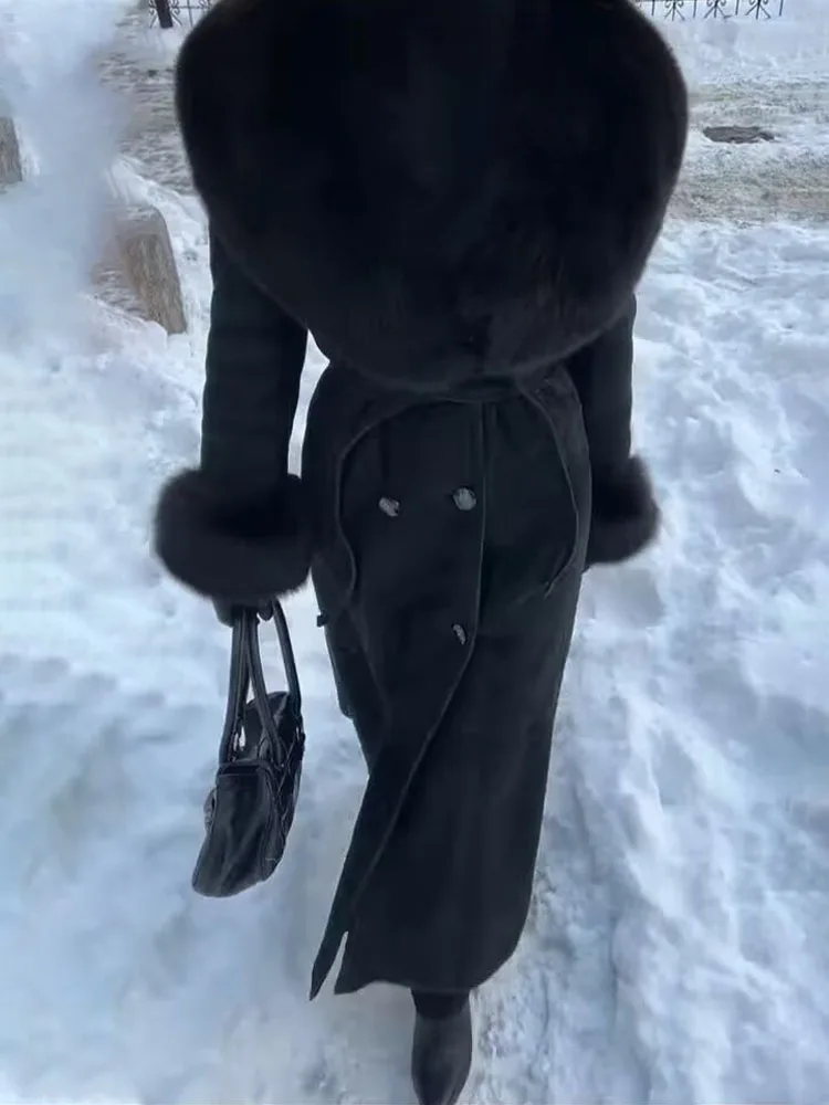 

HH Winter Women Elegant Lapel Fur Collar Pockets Woolen Long Coat Female Temperament Warm Long Sleeve Double-breasted Belt Jacke