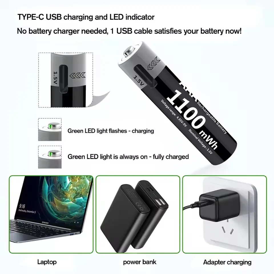High Capacity AAA and AA Rechargeable Batteries USB Lithium-ion 4100mWh 1.5V AA Rechargeable Batteries+1100mWh 1.5V AAA Battery