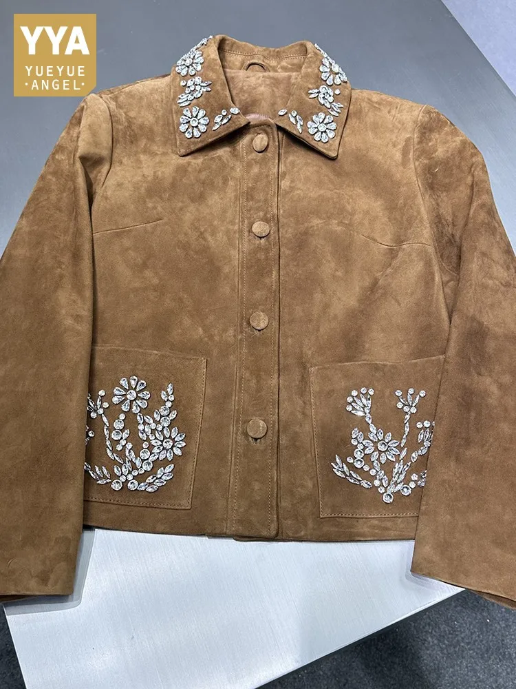 Luxury Women Sheep Suede Jacket Single Breasted Diamonds Genuine Leather Jackets Turndown Collar Outerwear Female Sheepskin Coat
