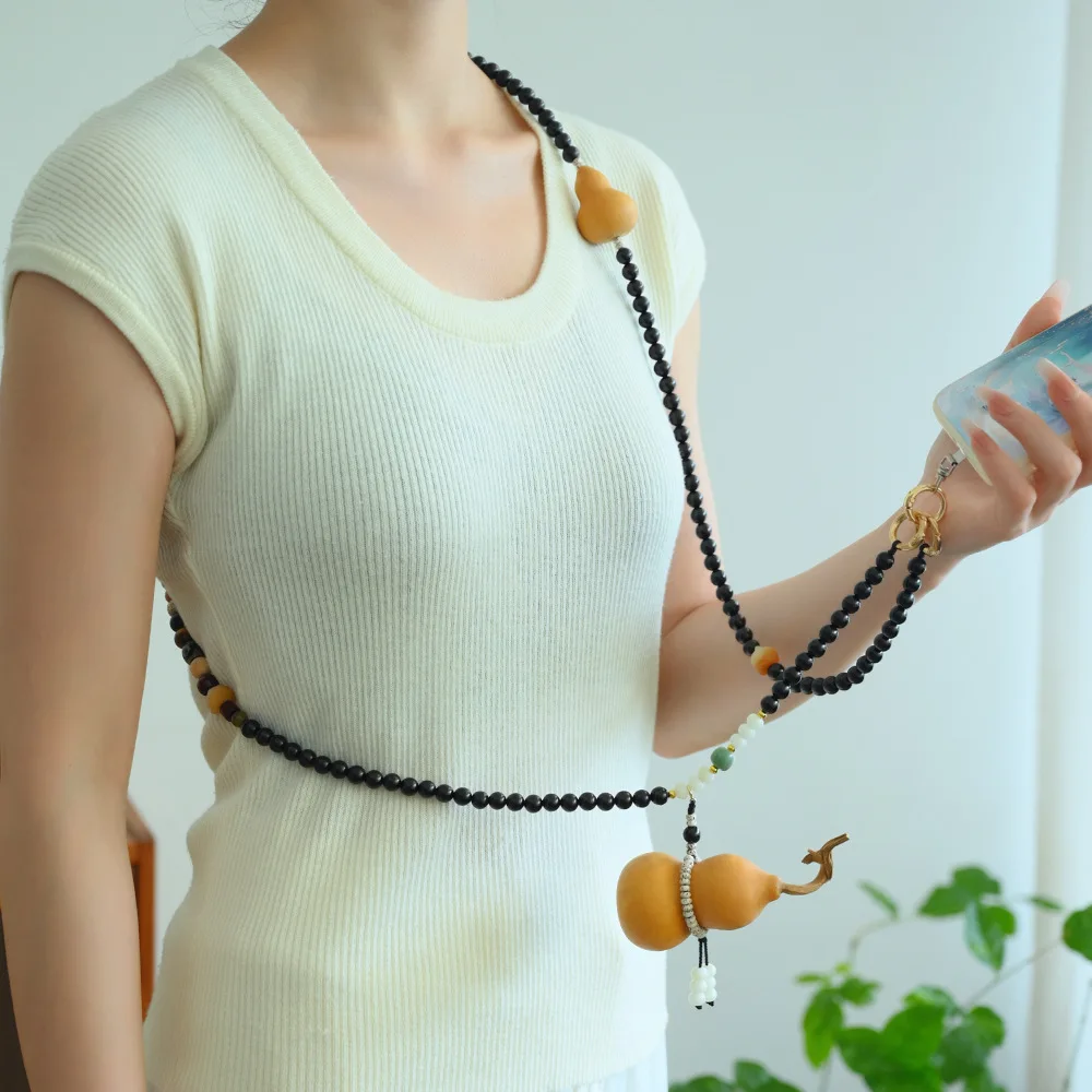 Chinese Style Lucky Gourd Natural Ebony Wood 8mm Beaded Chain 120cm Crossbody Anti Lost Phone Lanyard Fortune Blessing Necklace