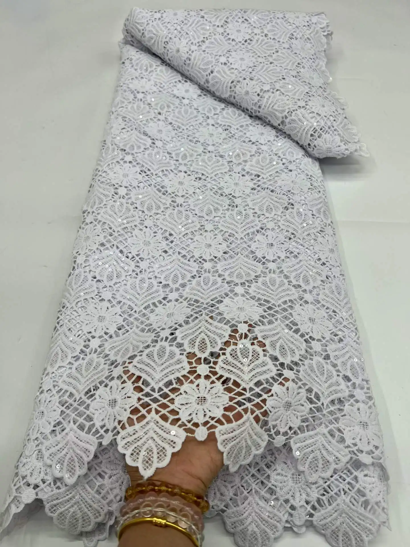 

SJ Lace 2026 Nigerian Cord Guipure Lace Fabric High Quality 5 Yards Milk Silk Water Soluble African Lace Fabric Wedding Dress