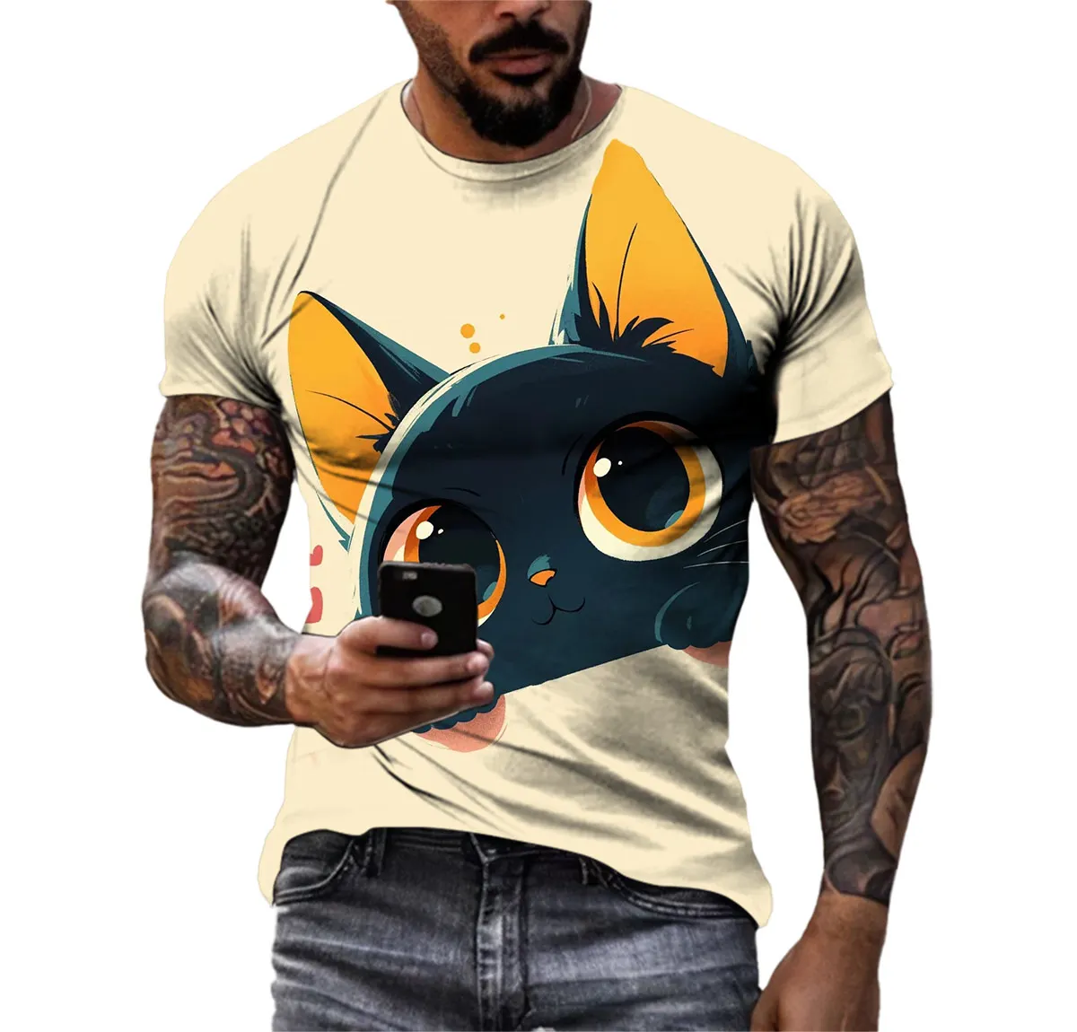 Summer Fashion Casual Cartoon Cat Graphic T-shirt For Men New Funny Anime Pattern 3D Digital Printing Round Neck Harajuku Tees