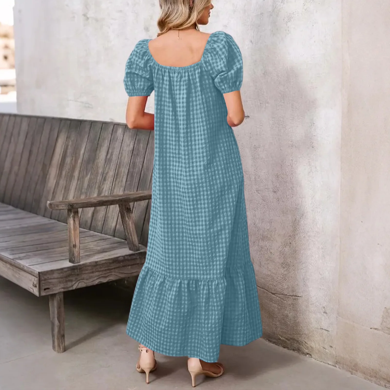 สตรีลายสก๊อตพิมพ์แฟชั่นเสื้อสวมหัวสแควร์คอชุดลําลองอเนกประสงค์กระโปรงยาว Vestidos Para Mujer ชุดยาว