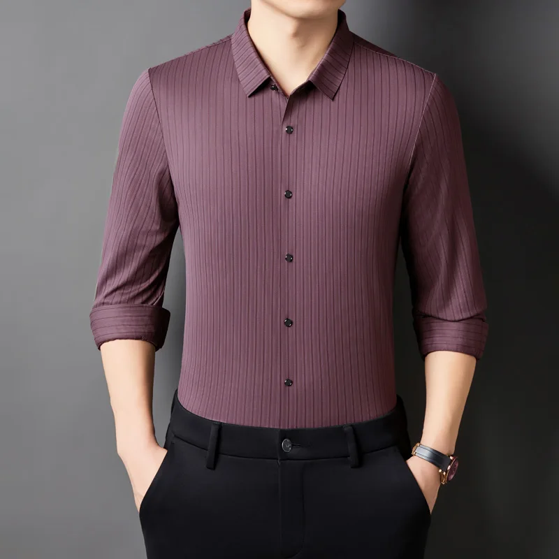 Polyamid Spandex Luxus Shirts Für Männer Langarm Gestreiften Elastischen Frühling Qualität Glatte Komfortable Nahtlose Camisas De Hombre