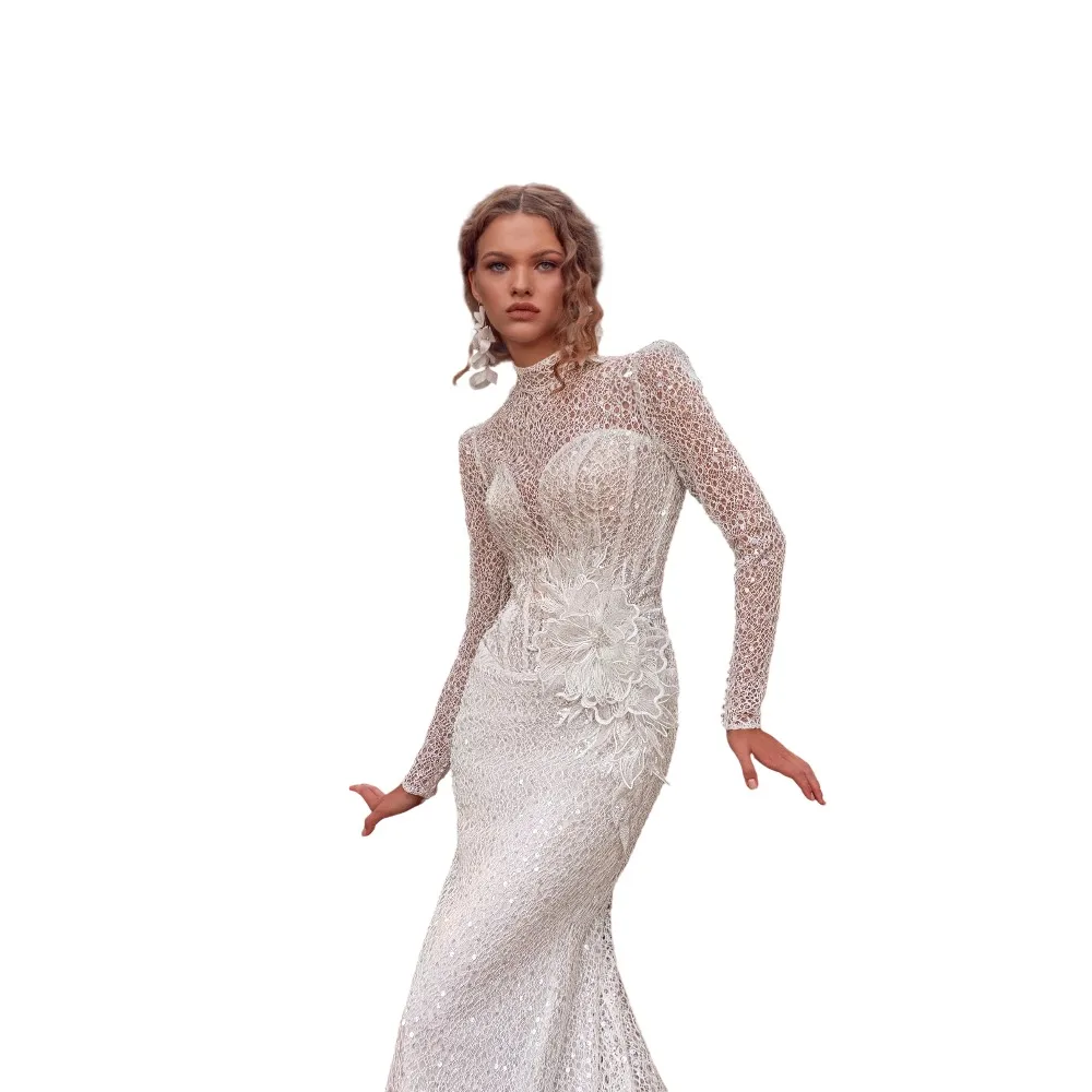 Luxury Mermaid Wedding Dresses High Collar Long Sleeves Appliques Lace Bridal Gowns Sweep Train Customized Wedding Dress
