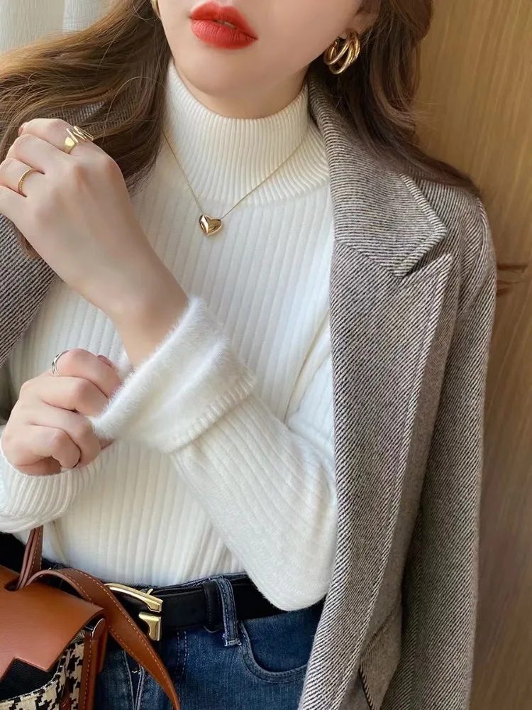 NEW Fashion  Winter Half High Collar Velvet Cozy Sweater Women Autumn Solid Color Casual Soft Knitted Top Long Sleeve Knitwear