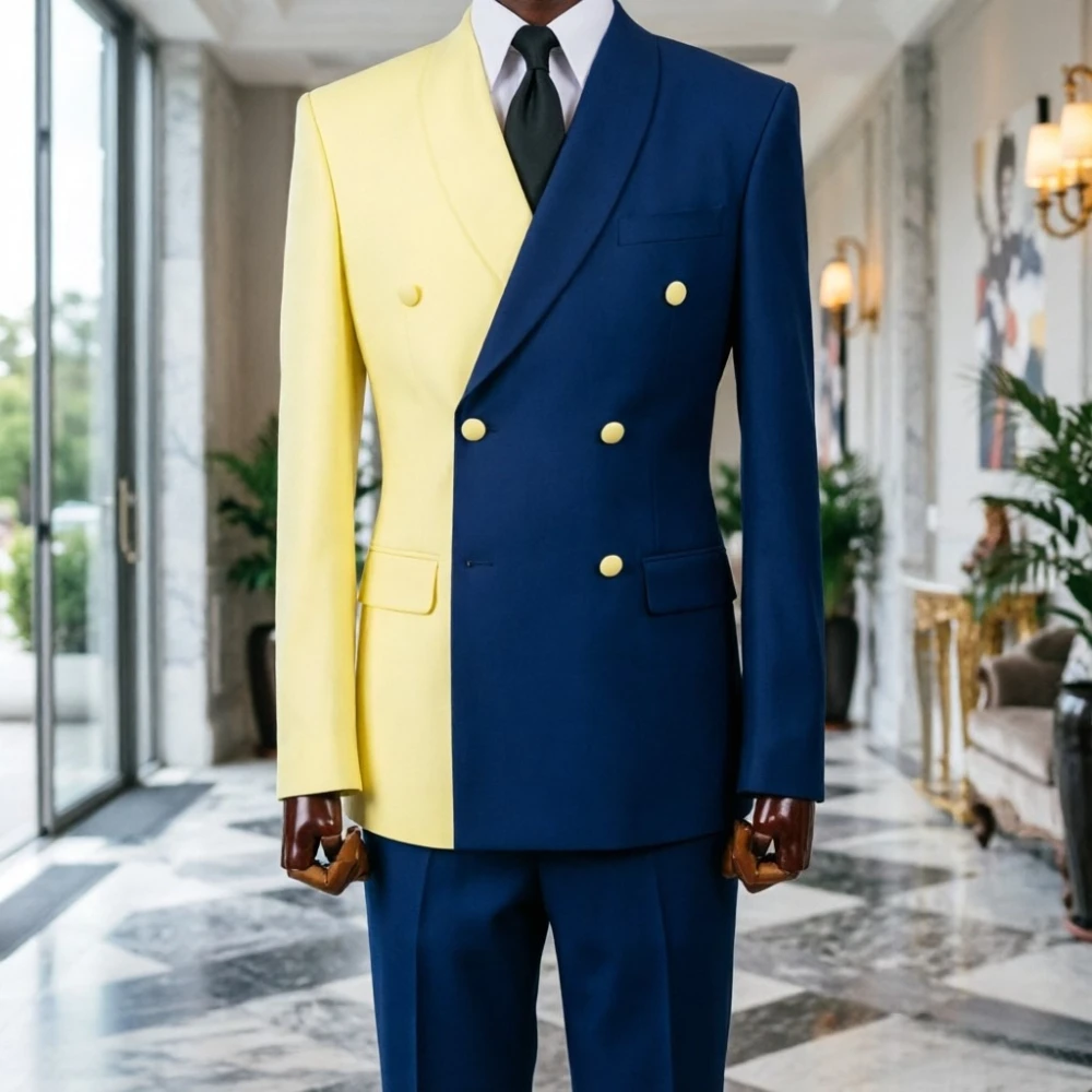 

Multicolor Men Suits Men Luxury Asymmetrical Color Block Double Breasted Suit Slim Fit Business Suits for Wedding Guest Party