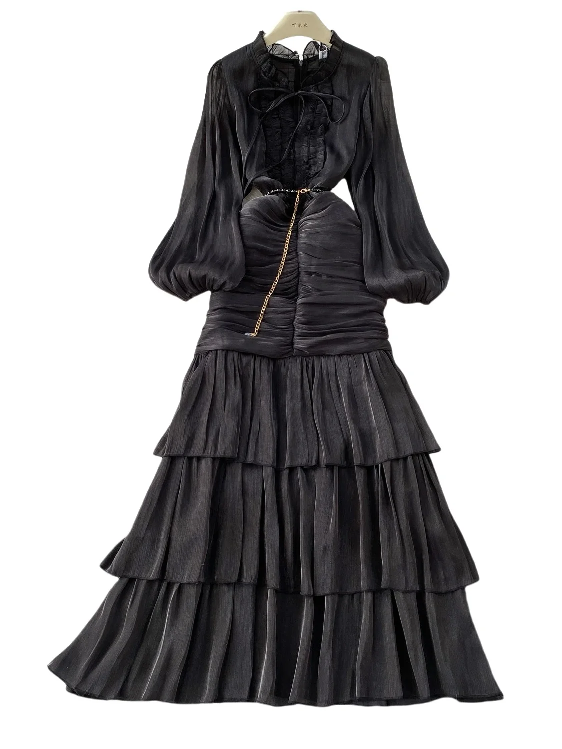 

Ele Long Sve round Ne Gown Women's High Waist Slimming Cake Dr Midi Skirt Korean Sle Commute