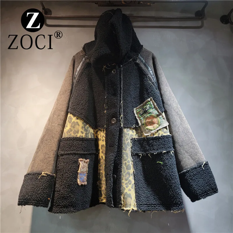 

[ZOCI] Personalized Trendy Thick Hooded Jacket Women Winter, Loose Large Edition, Leopard Print Splicing Cotton