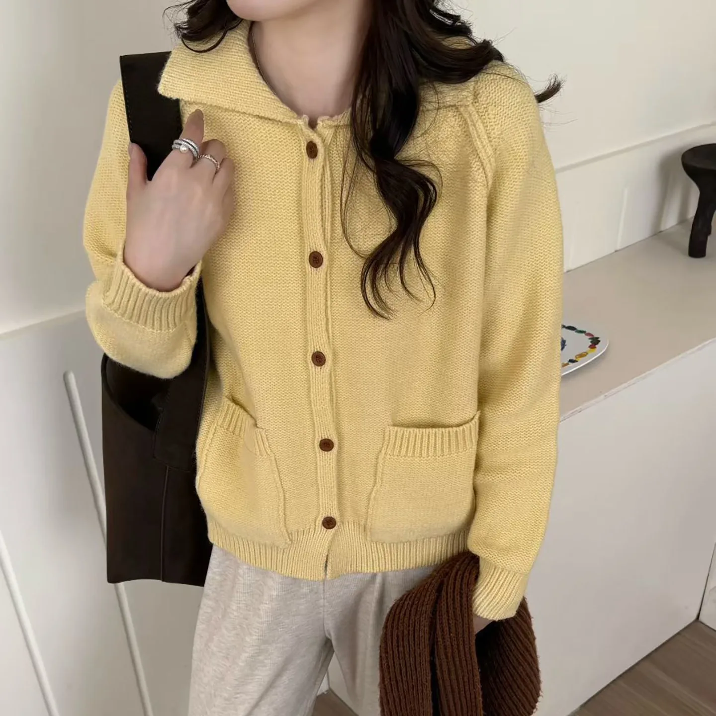

Women's Knitted Sweater Coat Loose Fit Turn-down Collar Lazy Sle kets Soft Thiened Single Button Casual Knitwear