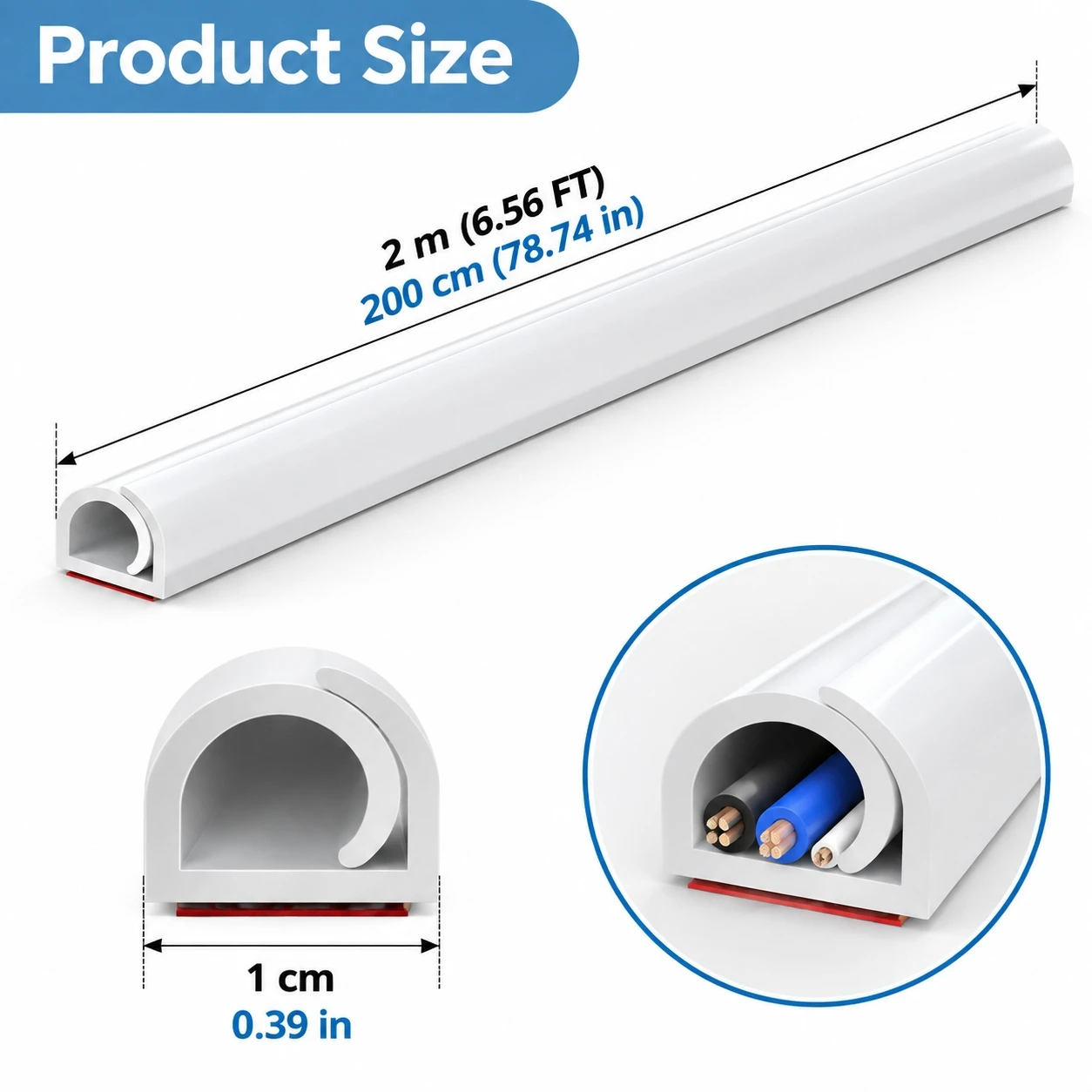 1roll 2mX1cm Flexible Self Adhesive Cable Cover, PVC Curved Wire Raceway, Peel & Stick Cord Concealer Wall Cable Management