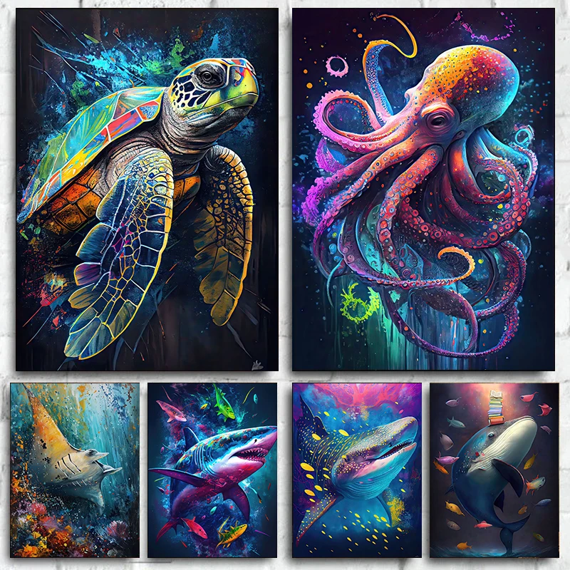 Colorful Ocean Wild Life Shark Seahorse Octopus Turtle Posters Canvas Painting Abstract Animal Wall Art Living Room Home Deco