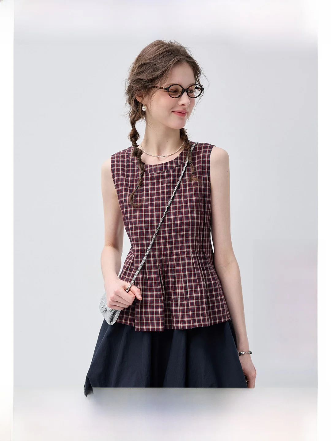 

Red Plaid Sleeveless Puff Skirt VEGA CHANG Summer Breathable Waist Cinched Fake Two-Piece Dress British Style Cake Skirt