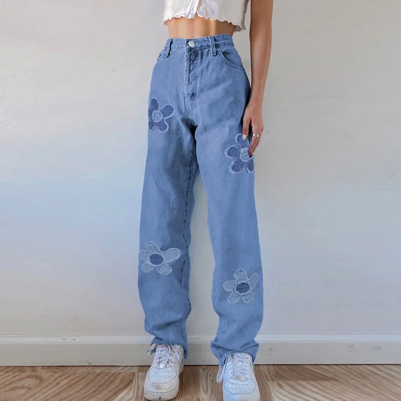 Floral Patchwork Casual Vintage Jeans Women High Waist Denim Pants Capris Fashion Elegant Trousers Ladies Summer 2023 Y2k Pants