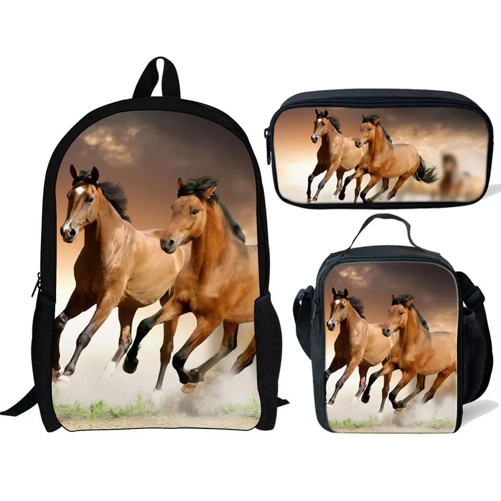 Cartoon Creative Horse 3D Print 3pcs/Set School Student Bookbag Fashion Travel Laptop Daypack Shoulder Bag Pencil Case