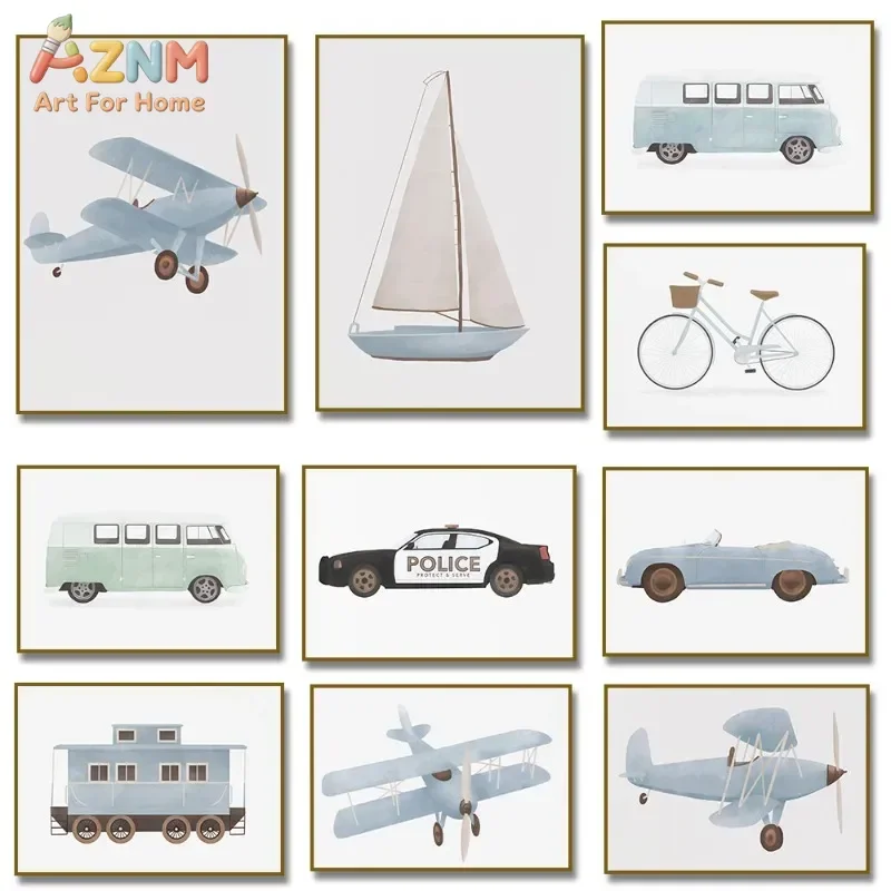 AZNM Watercolor Transport Canvas Wall Art, Airplane Sailor Car Bicycle Print, Soft Blue Cartoon Vehicle Unframed Canvas Painting