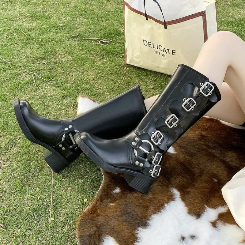 Metal Buckle Square Toe Gothic Boots Women Black PU Leather Punk Long Boots Woman Chunky Heels Motorcycle Booties Cowboy Boots