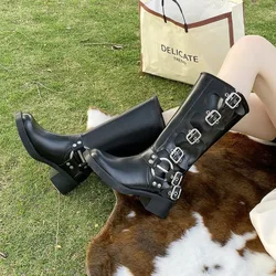 Metal Buckle Square Toe Gothic Boots Women Black PU Leather Punk Long Boots Woman Chunky Heels Motorcycle Booties Cowboy Boots