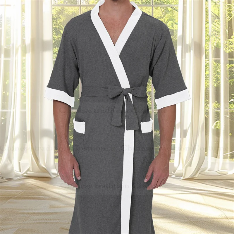 Men Grey Robe Waffle Bathrobes Short Sleeve Kimono Nightgown Soft Pajamas Shower Robe Gown Male Homewear Nightwear Loungewear