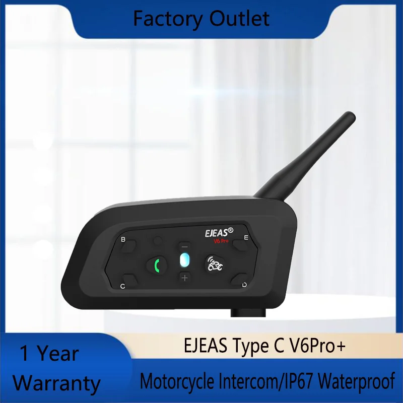 EJEAS V6 PRO+ Bluetooth Motorcycle Helmet Intercom Headset with 1200M BT Interphone Communicator for 6 Riders Waterproof