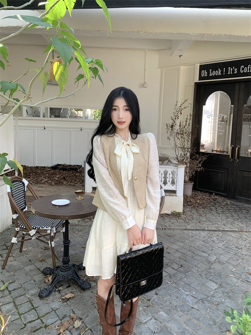 Preppy Style Women's Autumn Set Vintage Sesame Dots Versatile Vest + Textured Long Sleeve Dress Japanese Girl Student Outfit