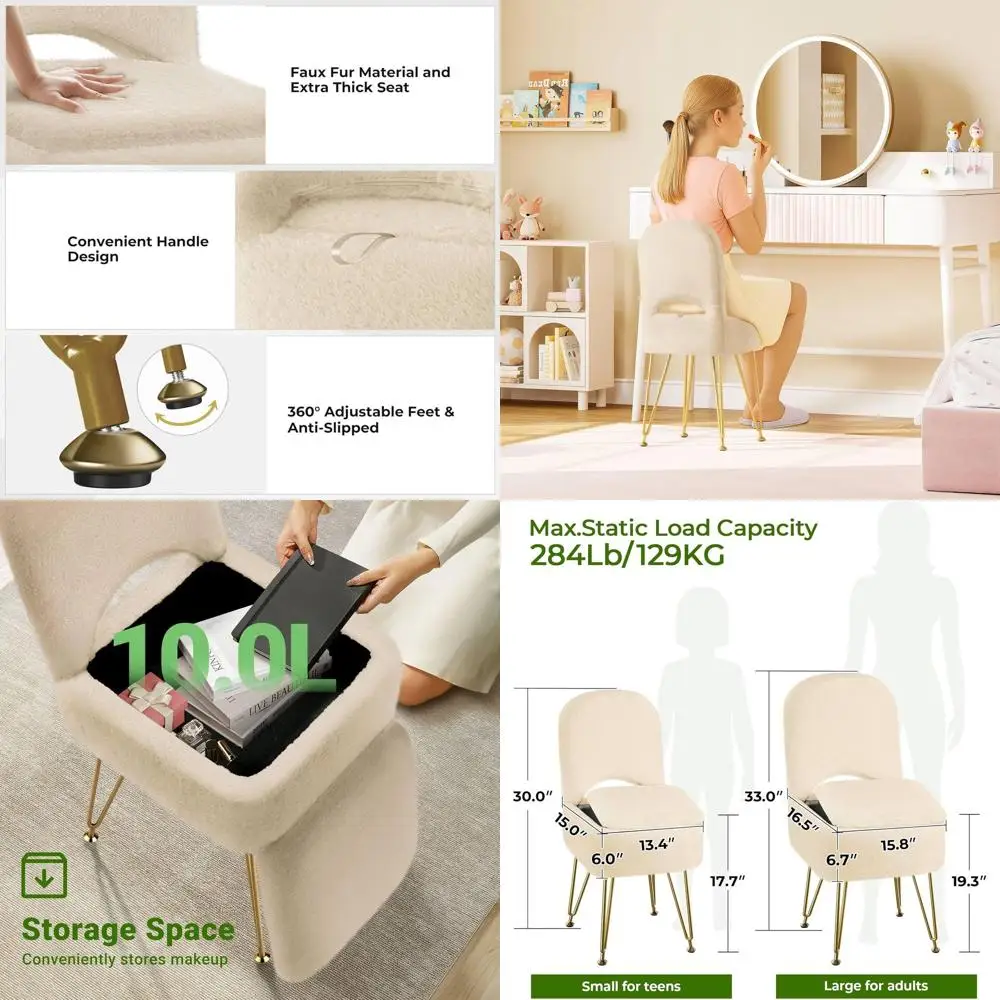 

Compact Storage Vanity Chair with Upholstered Back, 13.4 x 15 x 30 Square Ottoman, Metal Legs, Padded Seat for Makeup, Bedroom,
