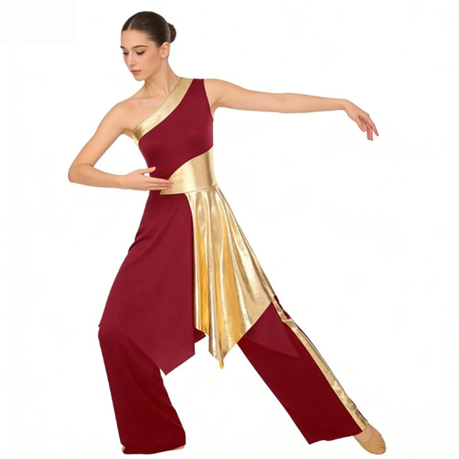 Womens Worship Liturgical Praise Dance Outfit One Shoulder Irregular Hem Choir Church Ballet Dress with Metallic Wide-Leg Pants