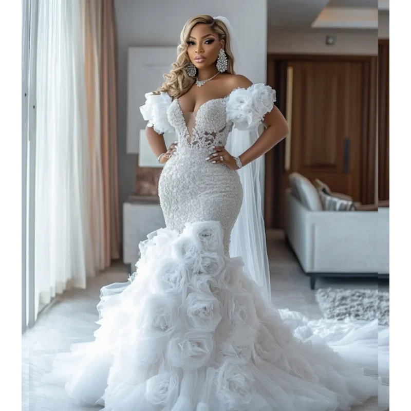 African Luxury Mermaid Wedding Dress Exquisite Handmade Flower Lace Bride Dress Pleat Layered Plus Size Wedding Dress Custom