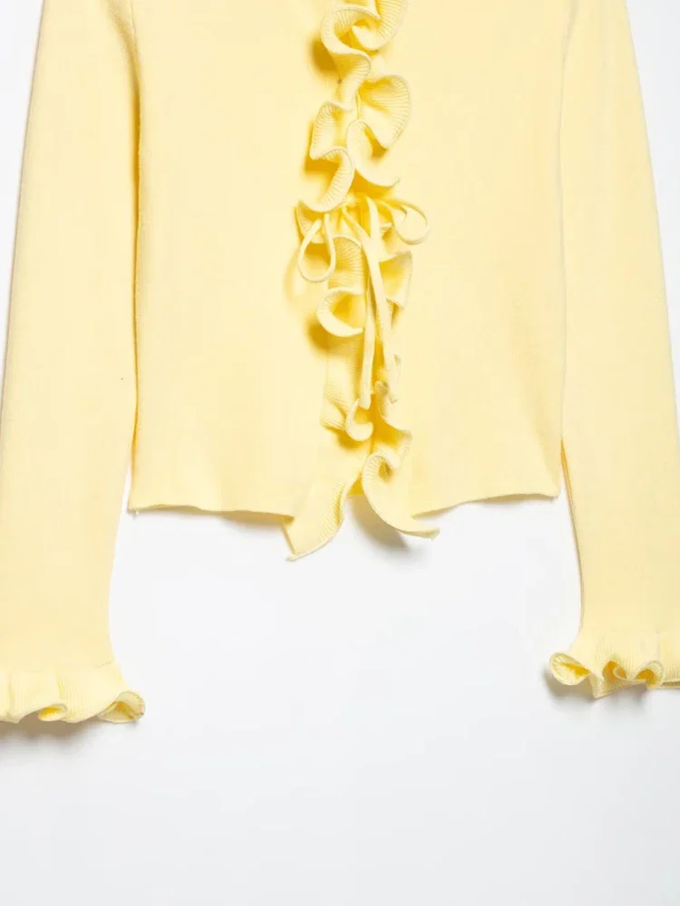 レディース フロントボウタイ シック アウターウェア ファッション ラッフル クロップド ニット カーディガン セーター 長袖トップ