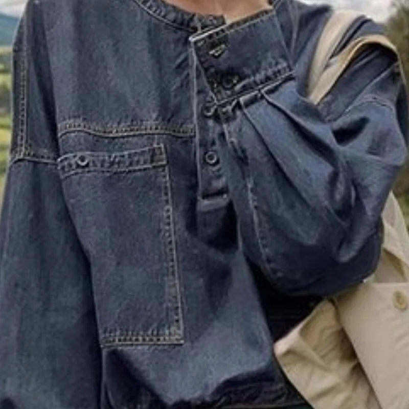 Women's Spring Autumn Tops Coat Denim Round Neck Shirt Long Sleeve Vintage Casual Designed Advanced Soft Niche Versatile Skinny