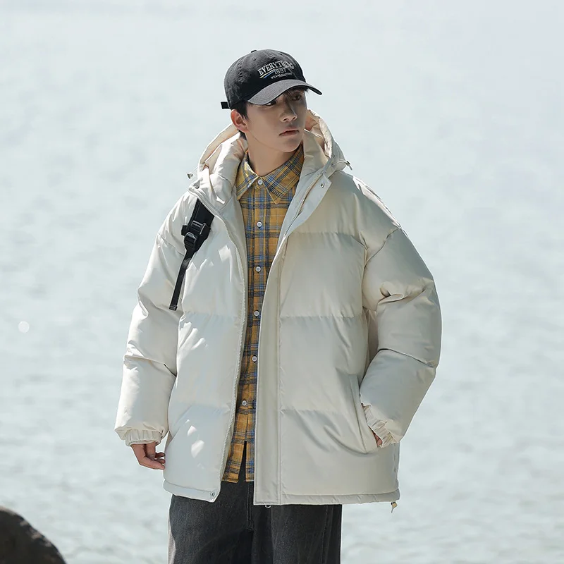 Jaket Puffer Musim Dingin Baru 2025 Unisex Berkerudung Tebal Anti Angin Warna Solid Serbaguna Parka Hangat