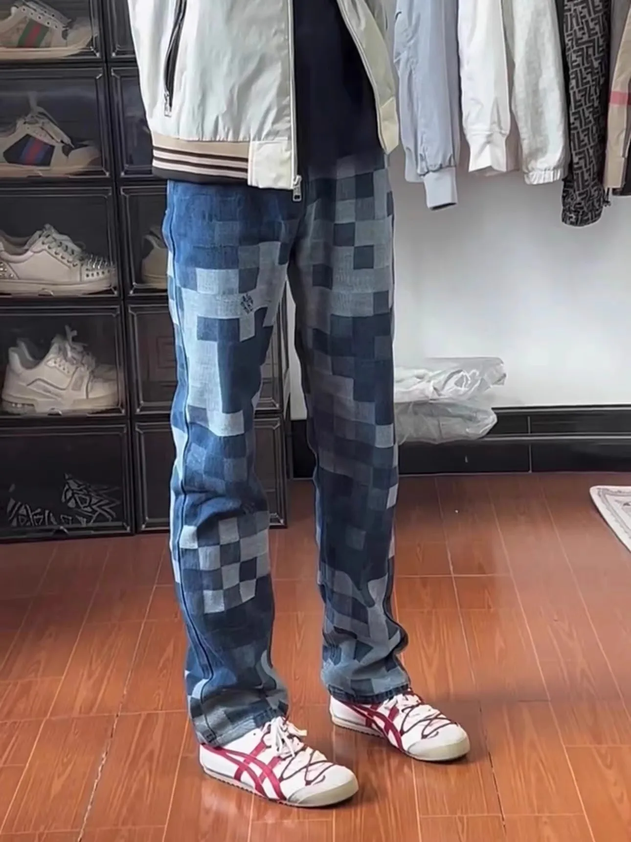 بنطلون جينز رجالي فضفاض مستقيم بنمط لوحة الشطرنج الأمريكي، موديل جديد للخريف بتصميم عتيق وفضفاض #3