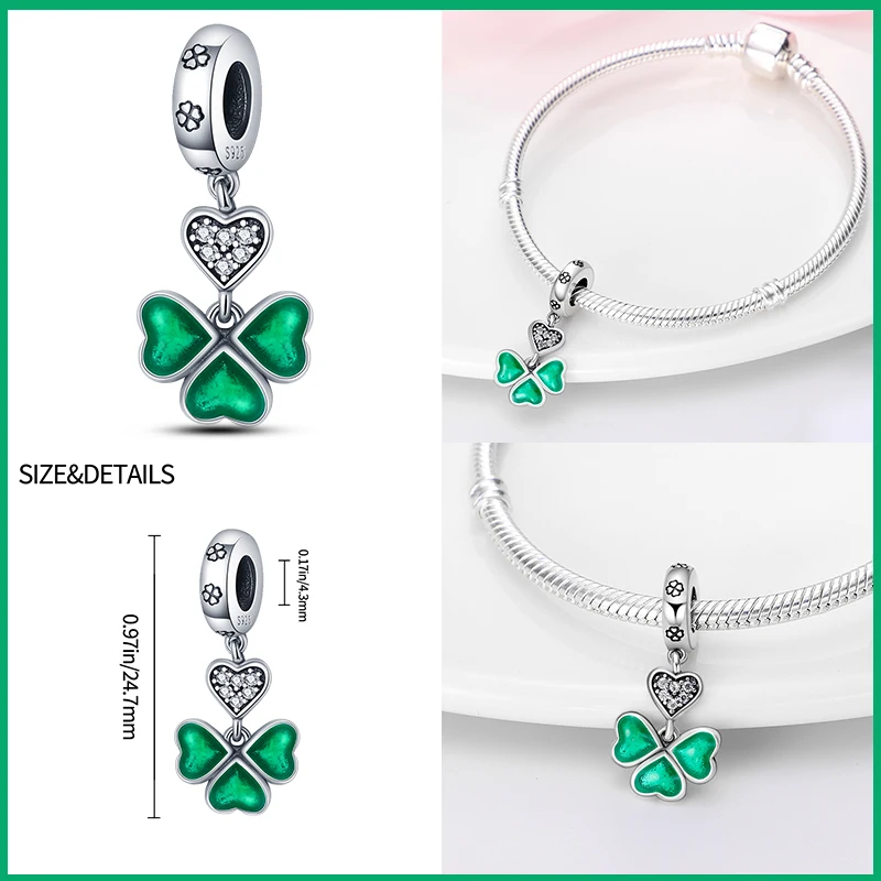 Abalorio de plata de ley 925, serie verde trébol de cuatro hojas, adecuado para pulsera Pandora original, producción artesanal