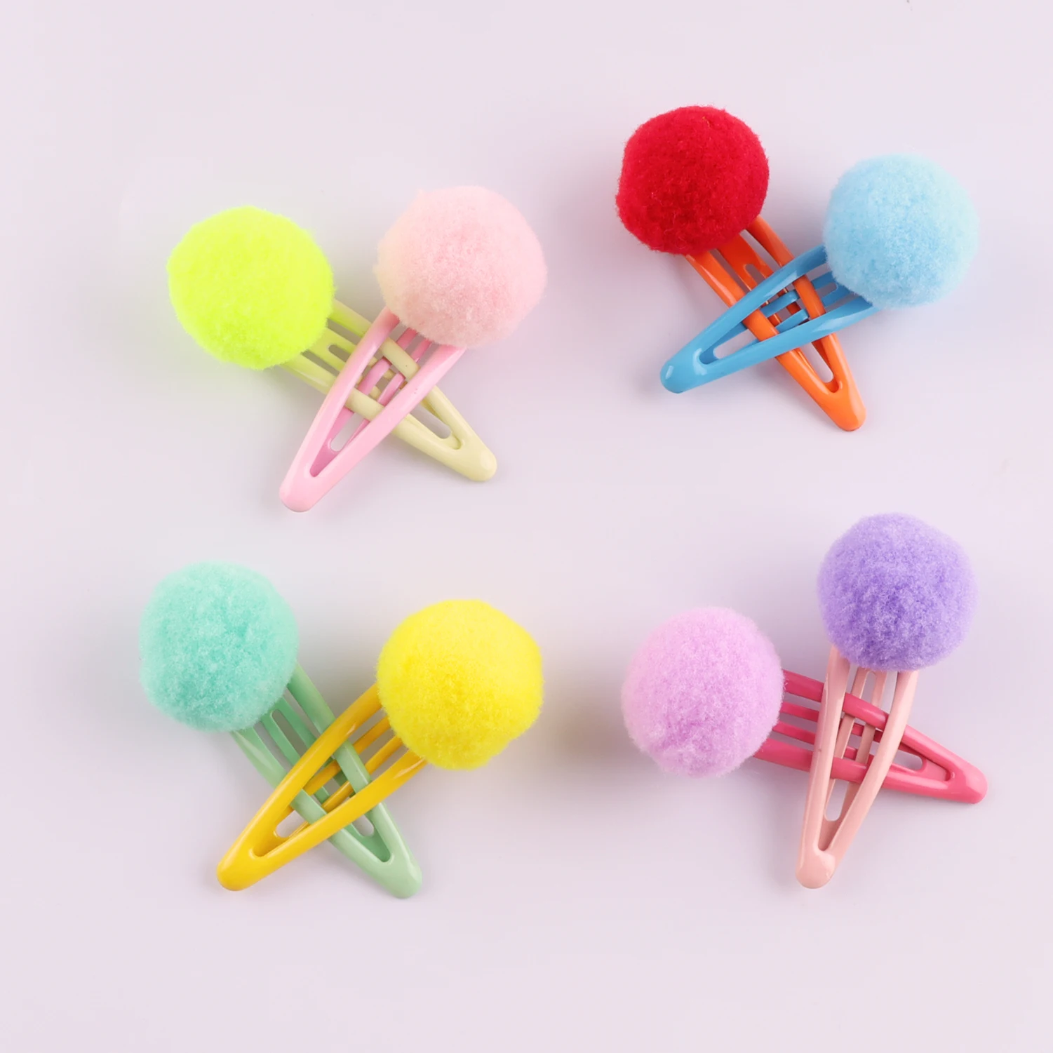 20pcs Candy Colorful Pom Pom Hair Clips Lined Sanp Clips Small Cute Puffy Hair Ball Barrettes Fuzzy Pompoms Hair Accessories Kid