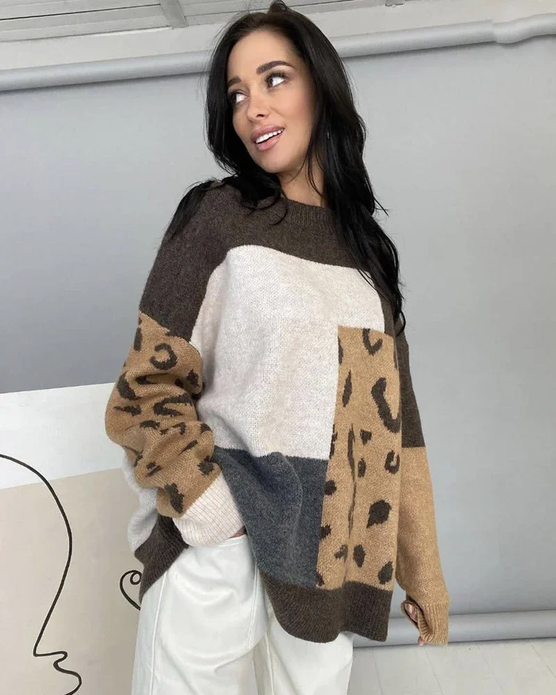 Hirsionsan Leopard Patchwork Cashmere Sweater Women Loose Casual Knitted Pullovers Autumn Soft Knitwear Female Retro Jumper