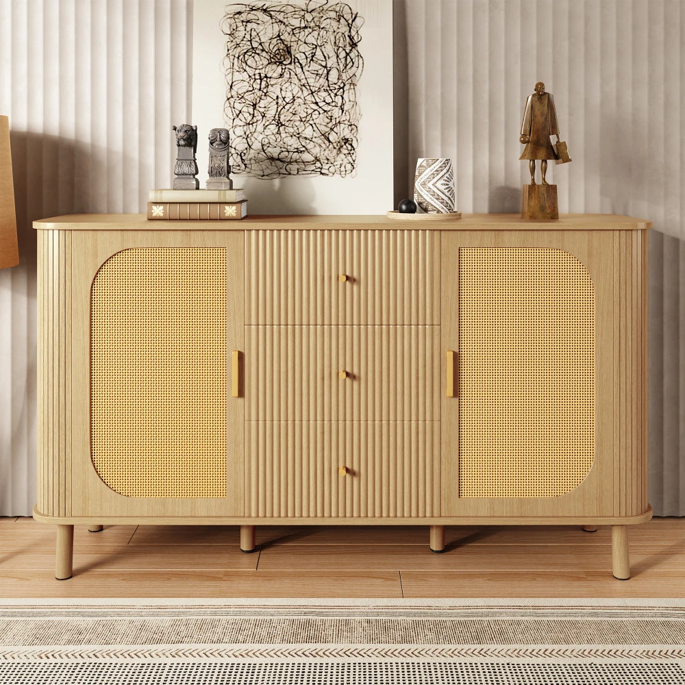Modernes Sideboard mit vielseitigen Holzoptik-Schubladen, Regalen, Metallbeinen für die Aufbewahrung im Wohnzimmer – Detail 2