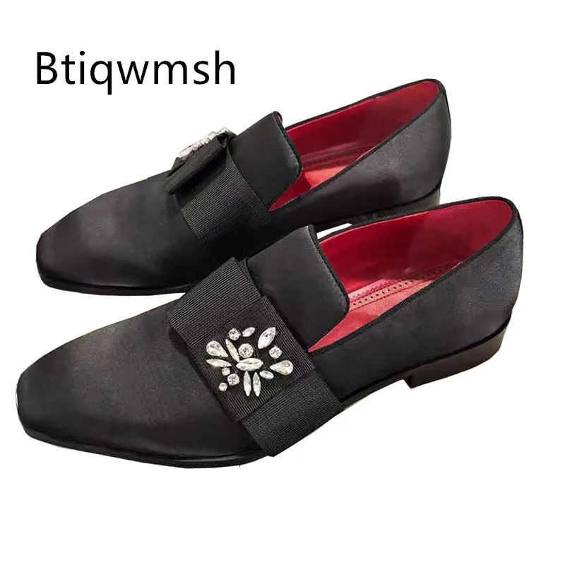 Black Luxury Satin Shoes Man Pointed Toe Rhinestone Butterfly Knot Slip On Flats Male Fashion Wedding Shoes