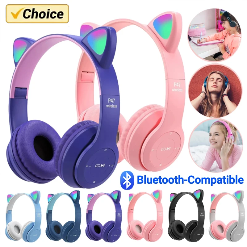 P47M cuffie Wireless Flash Light Cute Cat Ears Fone con controllo del microfono LED Stereo Music Helmet Phone auricolare Bluetooth regalo