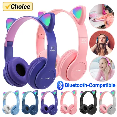P47M 무선 헤드폰 플래시 라이트 귀여운 고양이 귀 Fone 마이크 제어 LED 스테레오 음악 헬멧 전화 블루투스 헤드셋 선물