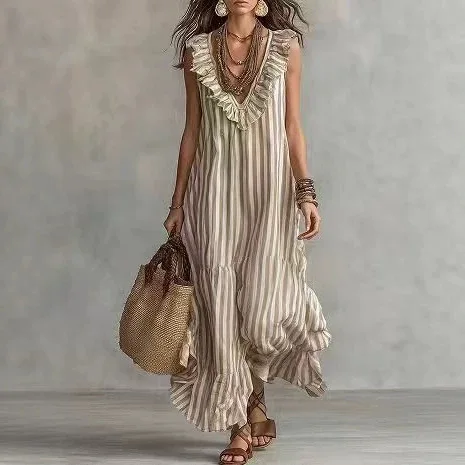 Bohemian Striped Ruffle V Neck Sleeveless Dress Summer Dresses Jumpsuit Playsuit 3