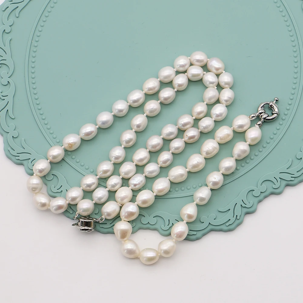 

8-9mm Rice-Shaped Natural Freshwater Pearl Set White Baroque Pearl With Flower/Directional Clasp Necklace And Bracelet Jewelry