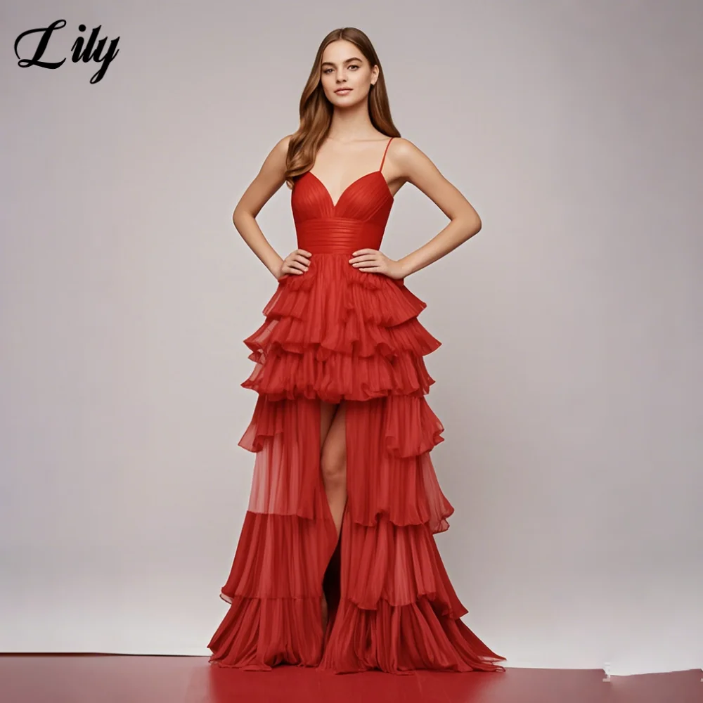 

Lily Red Elegant Formal Gown V-Neck Spaghetti Straps Prom Dresses Layered Split Backless Evening Dresses for Woman Customized