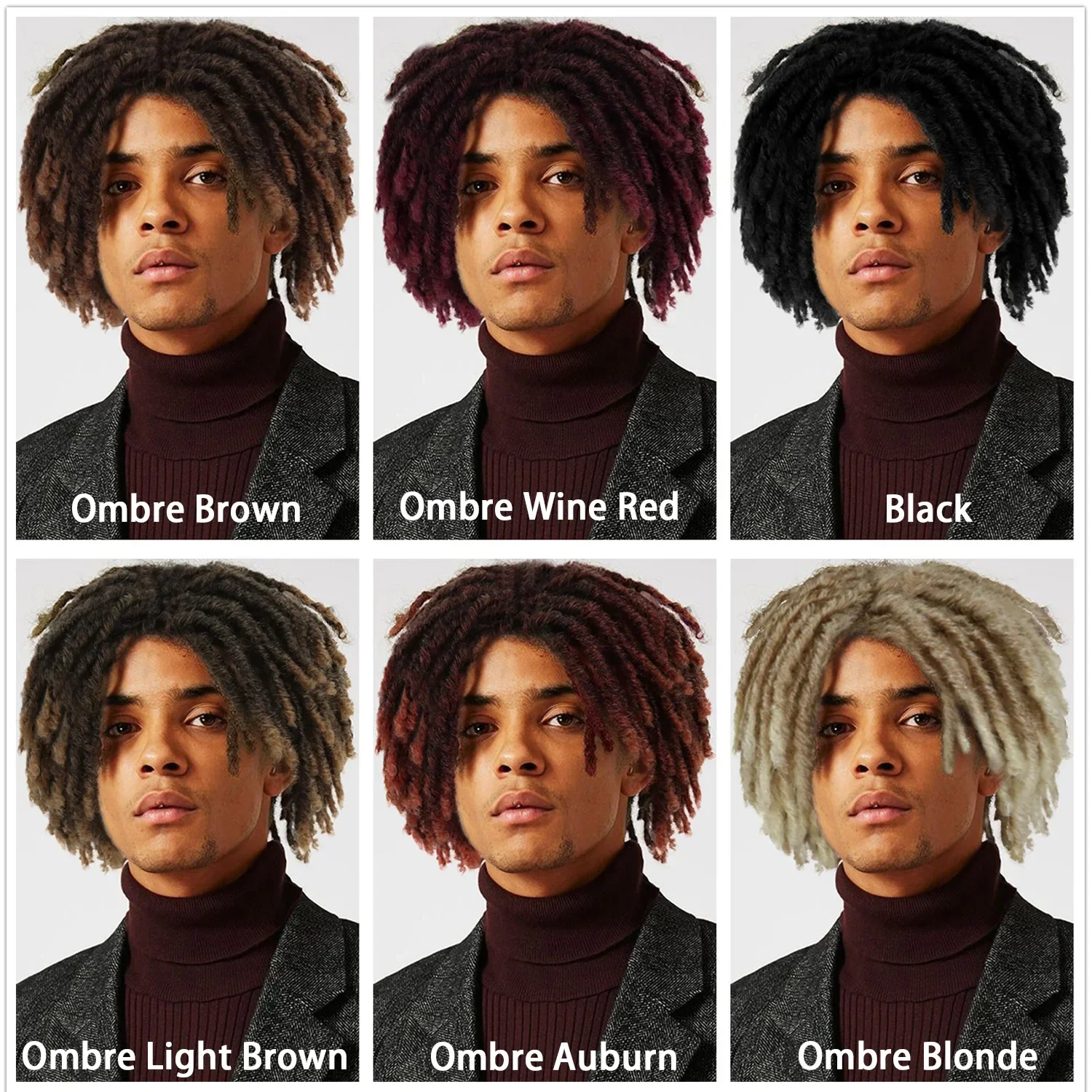 GNIMEGIL Synthetische Zopf-Perücken, 35,6 cm, kurze Perücke für Männer, Afro-Bob, Ombre, braun, gehäkelt, Twist-Haar, Dreadlocks-Perücke,